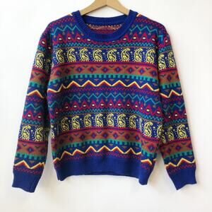 80's Sweater Style Paisley Graphic Knit Pullover Multicolor Womens OS
